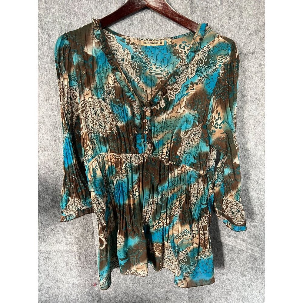 Notations Womens Boho Tunic Top L Blue Brown Abstract Print 3/4 Sleeve sheer